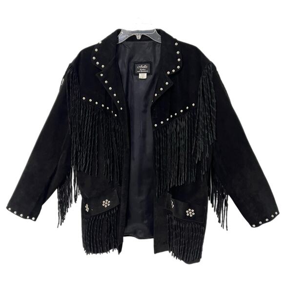 Vintage Arella Women’s Western Fringed Suede Leather Jacket XL Black Studs Rodeo - Picture 2 of 16